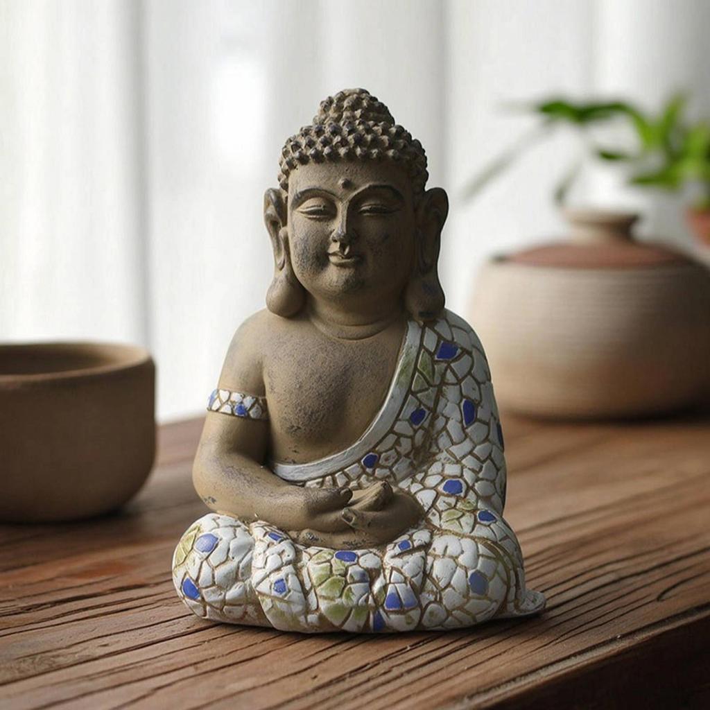 Garden Ornament with Mosaic Finish Meditative Style Mini Buddha Statue Stone