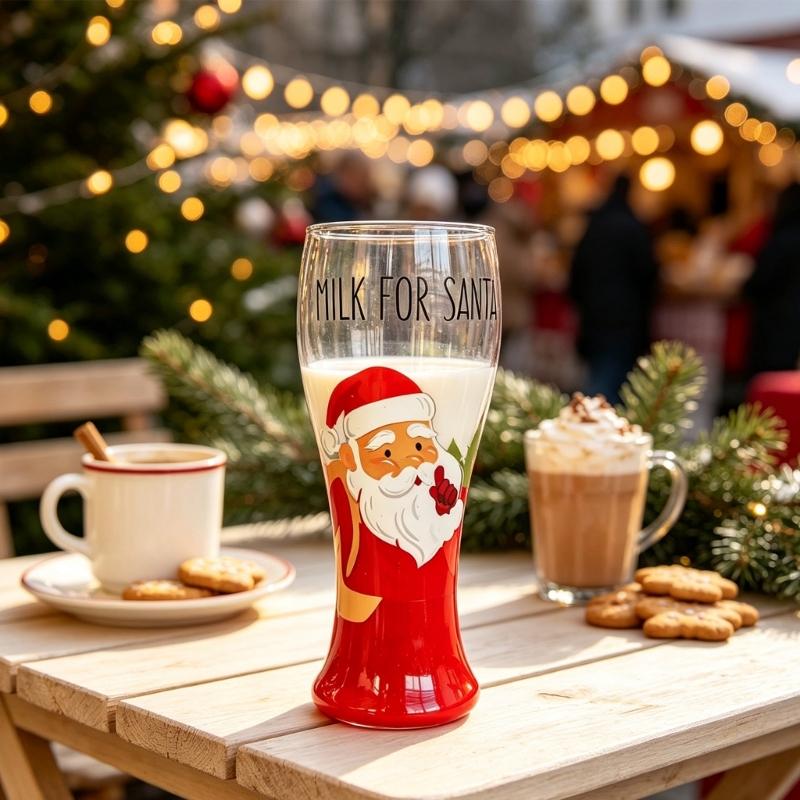 Christmas Milk Glass with Santa Print Holiday Cup for Table Display, Winter Hosting,Milk Service Indoors