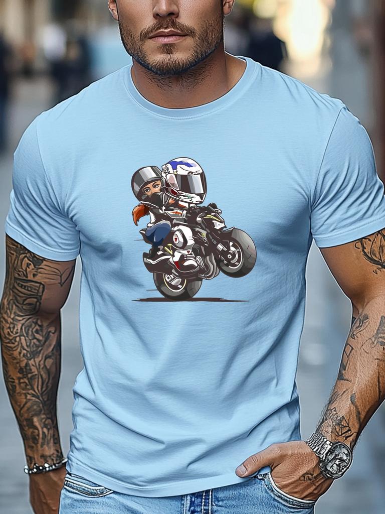 Unisex Royal Blue Crew Neck Tee Cartoon Couple Rider With Full Helmet Sport Motorcycle Graphic Biker Soft Cotton Male Casual Tops