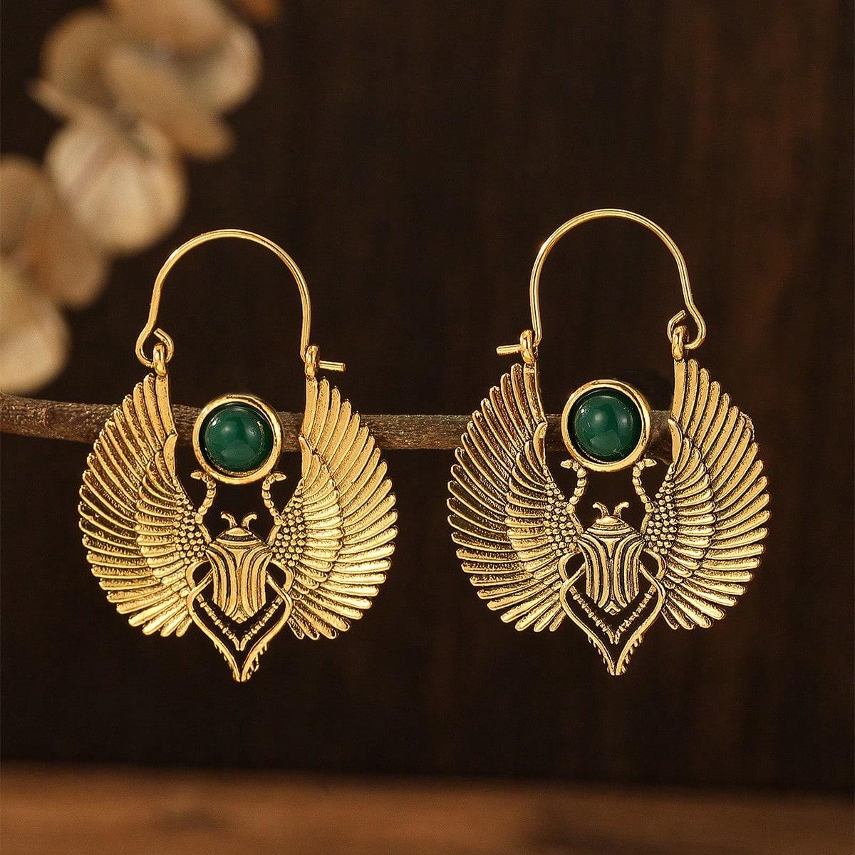 Vintage Egyptian Inspired Designs Sacred Wings Scarab Large Hoops Earrings Gypsy Tribal Women Gold Earrings Party Gift