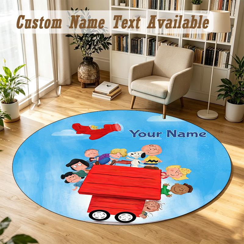 Snoopy Peanuts Personalized Round Rug Support Custom Name, Soft Home Decor Mat