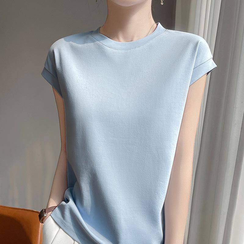 Mercerized Cotton O-neck T-shirt Summer Solid Color Sleeve Top Casual and Comfortable Short-sleeved Women's Clothes