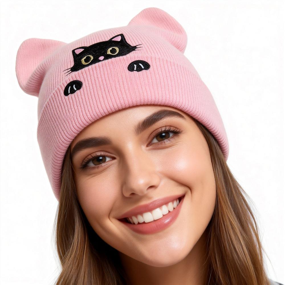 Popular Women's Probe Kitten Embroidered Beanie Birthday Gift Animal Cartoon Warm Knitted Hat