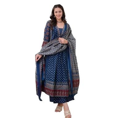 Women's Designer Party Wear Rayon Printed Anarkali Kurta and Pant with Dupatta Set - Blue