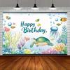2D Watercolor Ocean Birthday Backdrop, Underwater Sea Turtle Kids Party Photo Booth Banner