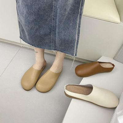 Korean Fashion Bag Head Half Slippers Women's Outer Wear Flat Bottom 2024 Spring and Summer Soft Leather Comfortable Round Head One Pedal Muller Shoes
