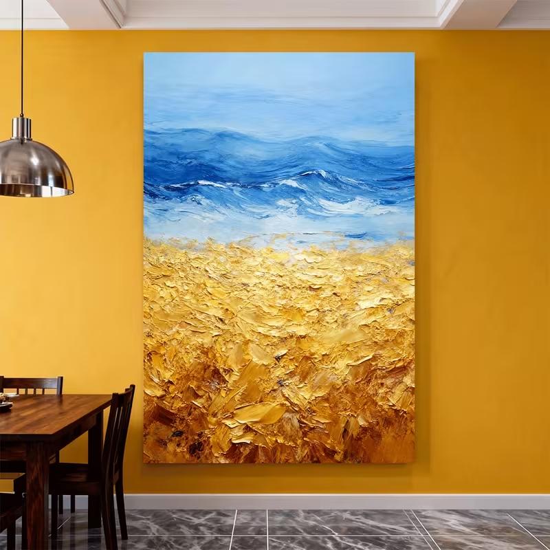 Modern Abstract Beach Sea Oil Painting - Textured Coastal Wall Art with Golden & Blue Hues, 21X30CMNo Framed