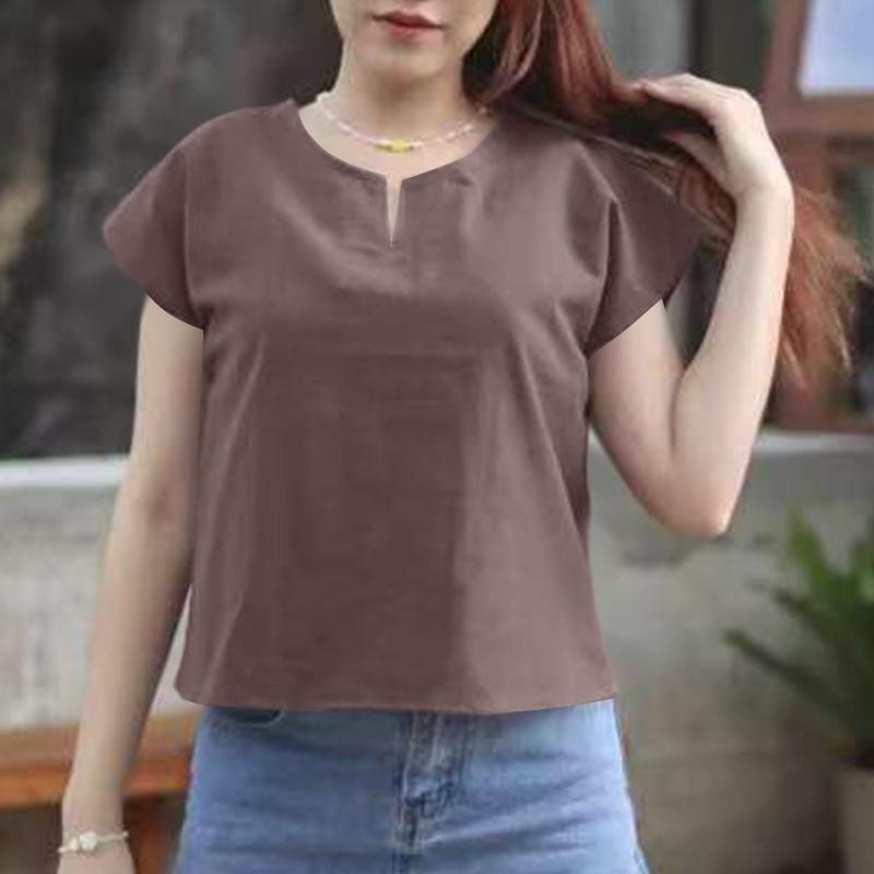 

ZANZEA Women Casual V-Neck Solid Color Short Sleeve Summer Blouse S коричневий
