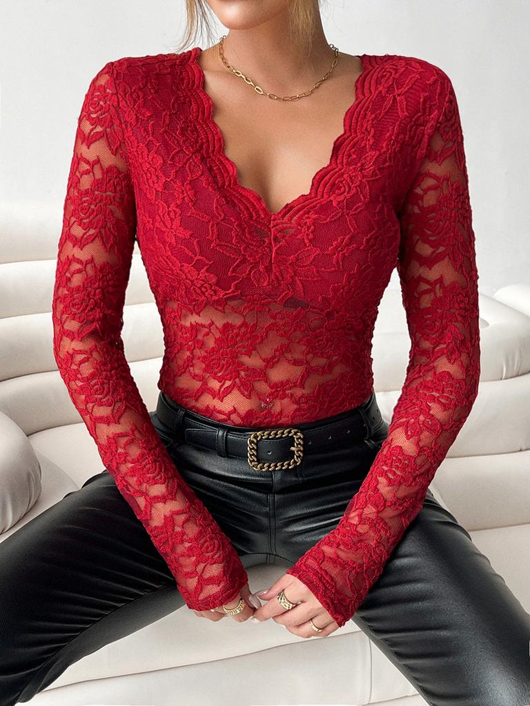 Ladies' Elegant V-neck Fan-shaped Collar with Solid Color Long Sleeves Slim Fit and Slimming Effect Lace Top