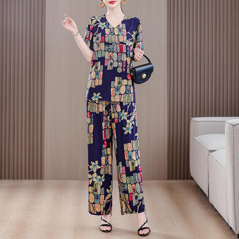 Eleganta 2-delade Set för Kvinnor Plus Size Löst Vintage Tryck Hög Midja Byxset Sommar Casual Kläder för Medelålders Kvinnor