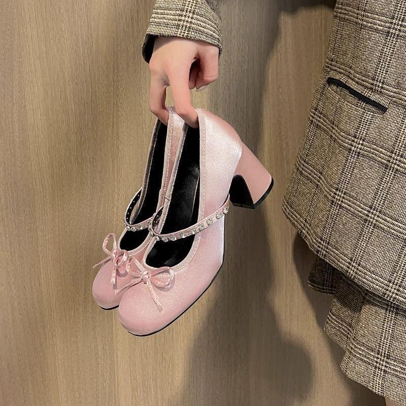 French fairy wind round head bow single shoes spring and autumn design sense rhinestone word with high heel Mary Jane shoes