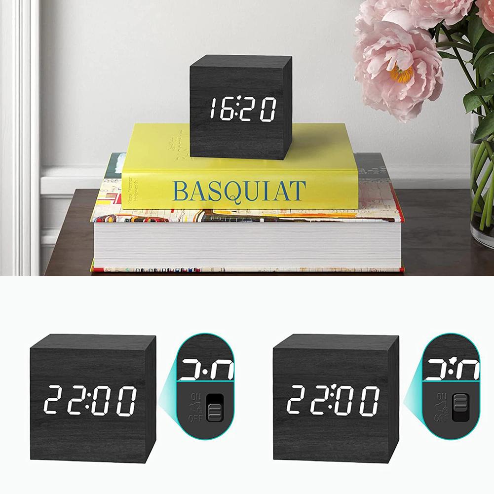 Wooden Digital Alarm Clock Voice Control Electronic Desktop Clock USB/Battery Powered LED Clock Art Ornament for Home Decoration