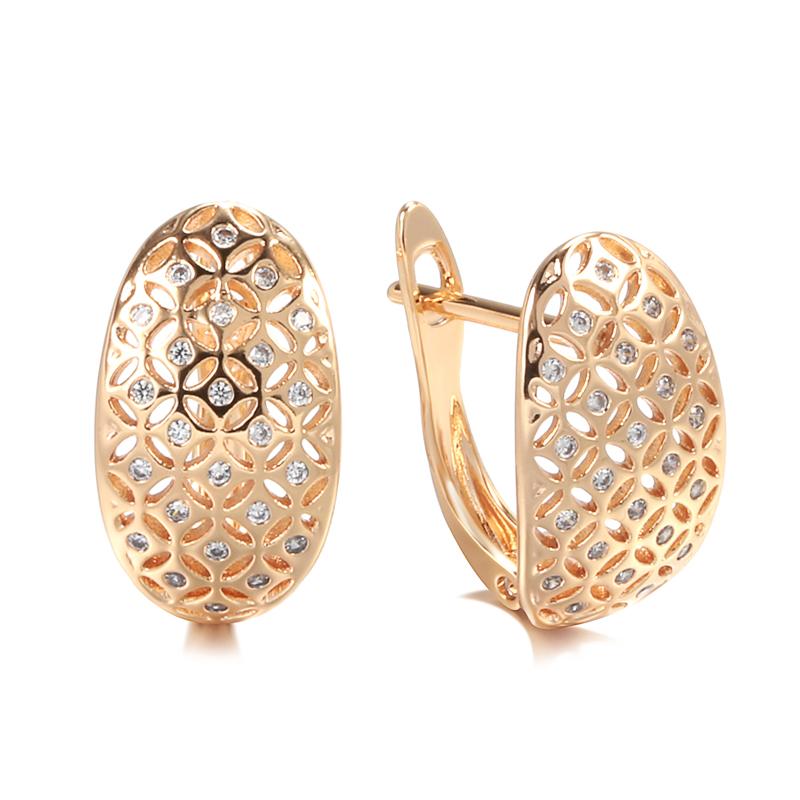 New Unique Metal Rose Gold Drop Earrings Women Hollow Flower Natural Zircon Earrings Wedding Jewelry Christmas Gift