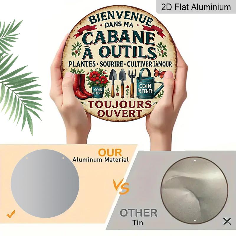 2D Flat, 1pc 7.87x7.87 Inch Round French Aluminum Sign, Vintage Decorative Plaque with "Welcome To My Tool Shed" Design, Garden Decor Sign, Suitable
