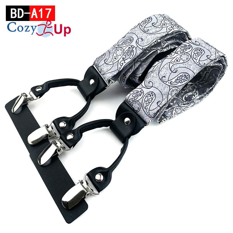 Suspensórios masculinos adultos em forma de Y com 6 clipes em tecido jacquard de couro com alça traseira elástica ajustável com ganchos giratórios e tiras elásticas nas costas em Y