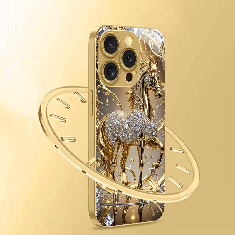 Luxury Diamond Horse Pattern Gold Metallic Paint Glass Phone Case For iPhone 17 16 15 14 13 12 11 Pro Max Plus 17 Air 16E Cover