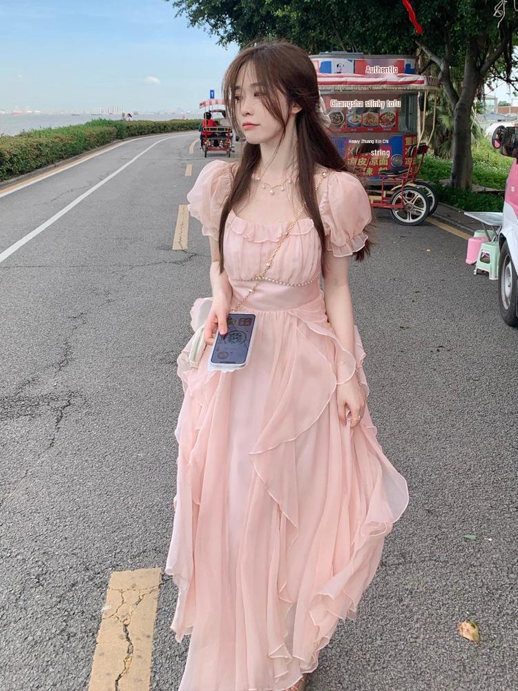 Elegante Vestido Francés de Gasa Blanca: Dobladillo Fino e Irregular para Primavera a Invierno