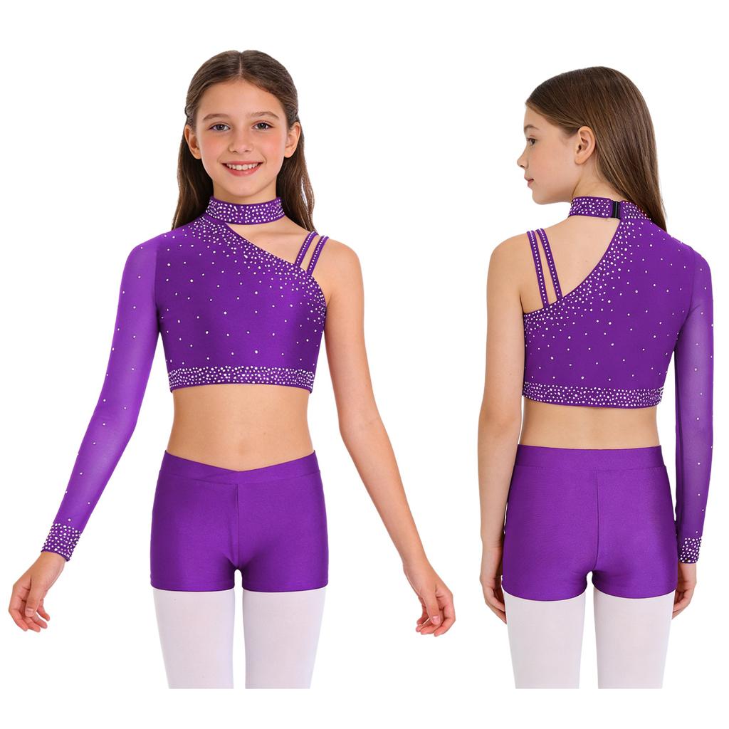 Třpytivý crop top na tanec s kamínky pro dívky: Šortky s nepravidelným ramenem a V-předním pasem pro taneční vystoupení