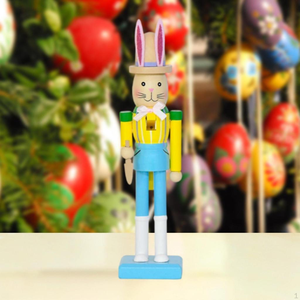 Easter Bunny Nutcracker Figurine Animal Sculpture 10 Inch Tabletop Ornament Wood Statue for Bedroom