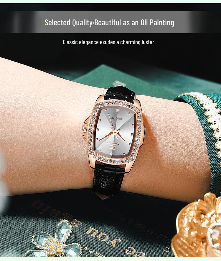 SENO Retro Square Diamond Damen Lederarmbanduhr - Schlichtes Wasser-Diamant-Quarzdesign