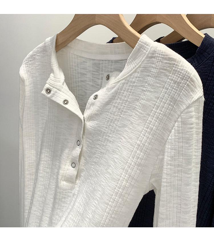 T-shirt rayé à boutons-pression à manches longues pour femme, léger et professionnel, couche de base amincissante pour l'automne/l'hiver/le printemps.