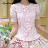 2026 Japanese Lolita Style Summer Women Kawaii Blouse Peter Pan Collar White Pink Bow Sweet Shirt Lace Ruffles Girl's JK Blouse