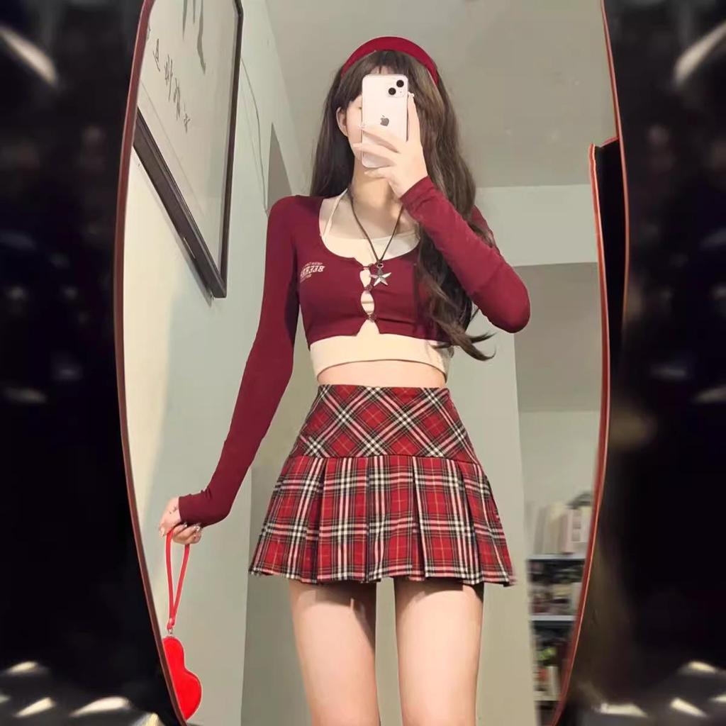 Plus-Size Red Plaid High-Waist A-Line Short Skirt for Women - Autumn 2024 Design