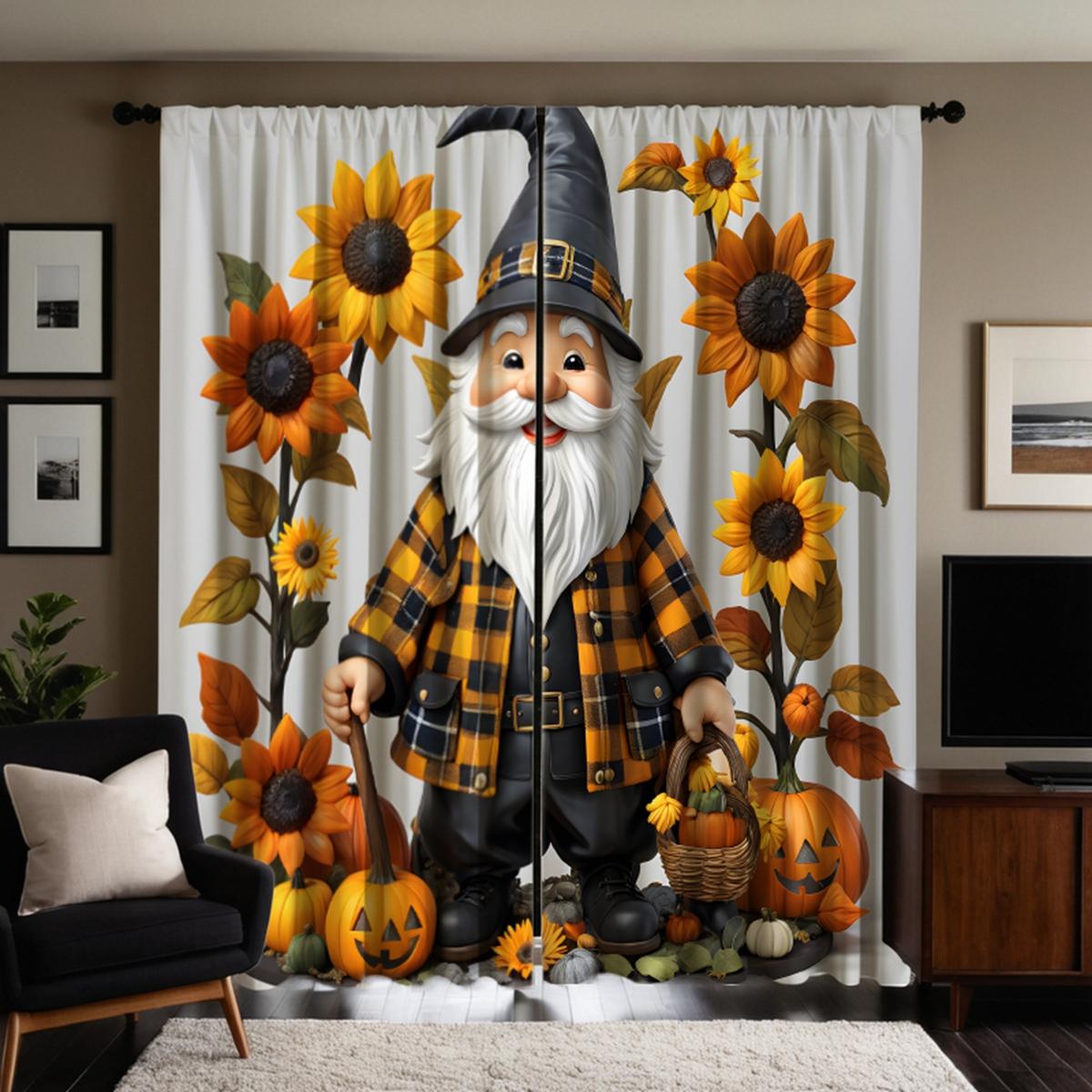 

2 шт. HD Рождественская занавеска с изображением Санты, тыквы и подсолнуха, желтая завязка, цифровая печать, занавеска для домашнего декора, стиль украшения гостиной W52H63inchW132H160cm