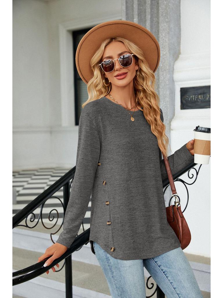 T-shirt da Donna Autunno/Inverno 2023 Girocollo Manica Lunga Ampia con Bottoni