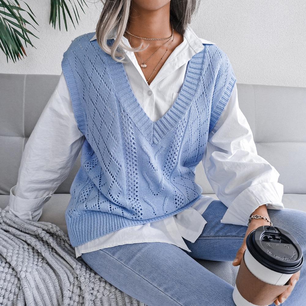 Gilet lavorato a maglia con scollo a V e motivo a torsione cava da donna, autunno e inverno