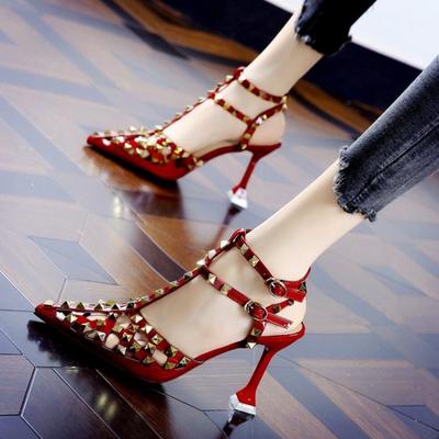 Fashion Baotou Sandals Summer New Pointy Head Hollowed Out Rivet Thong Buckle Sandals with Stiletto Party Heels Women