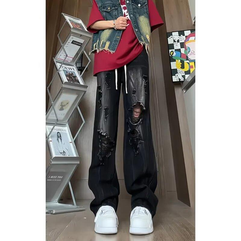 Big ripped jeans men's summer American high street thin high-end design loose wide-leg dad nine-point pants