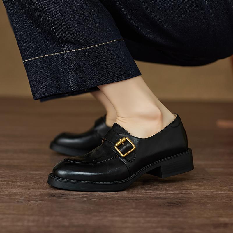 Fashion 2025 New Vintage Women Pumps Genuine Leather Round Toe Retro Style Belt Buckle Shoes Woman Spring Summer Basic Office Lady Pumps