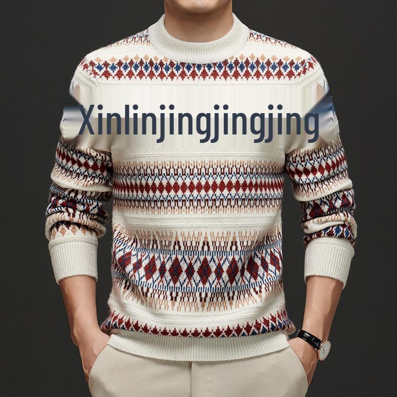 Unisex Striped Jacquard Wool Sweater - Thick, Versatile & Warm for Autumn/Winter