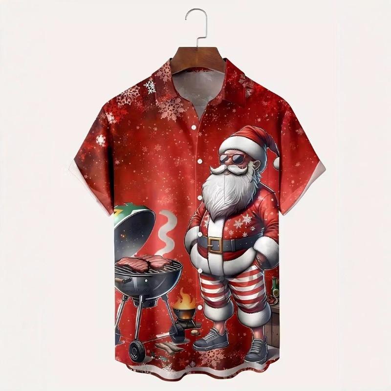 Autumn and Winter Men's Short Sleeved Shirt New Year's Christmas Pattern Digital Printed Shirt Top Men's Casual Shirt