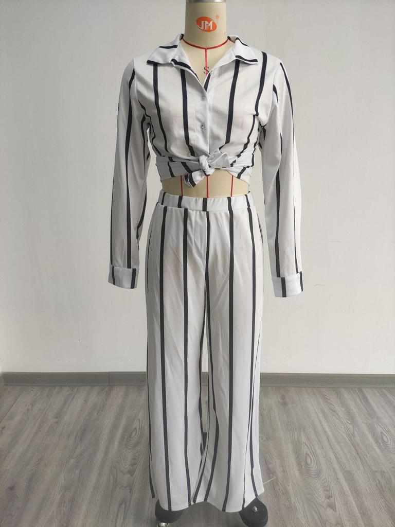 European & American Women's Striped Two-Piece Set: Long Sleeve Shirt & Pants