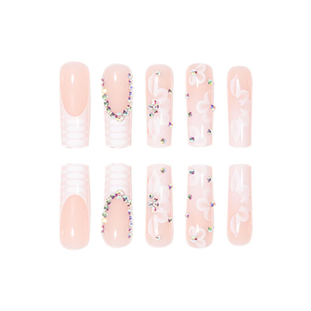 Rhinestone Embellished White Fake Nails Long Square UV Gel Cool Color Nails for Dance Parties Weekend Trips Parties