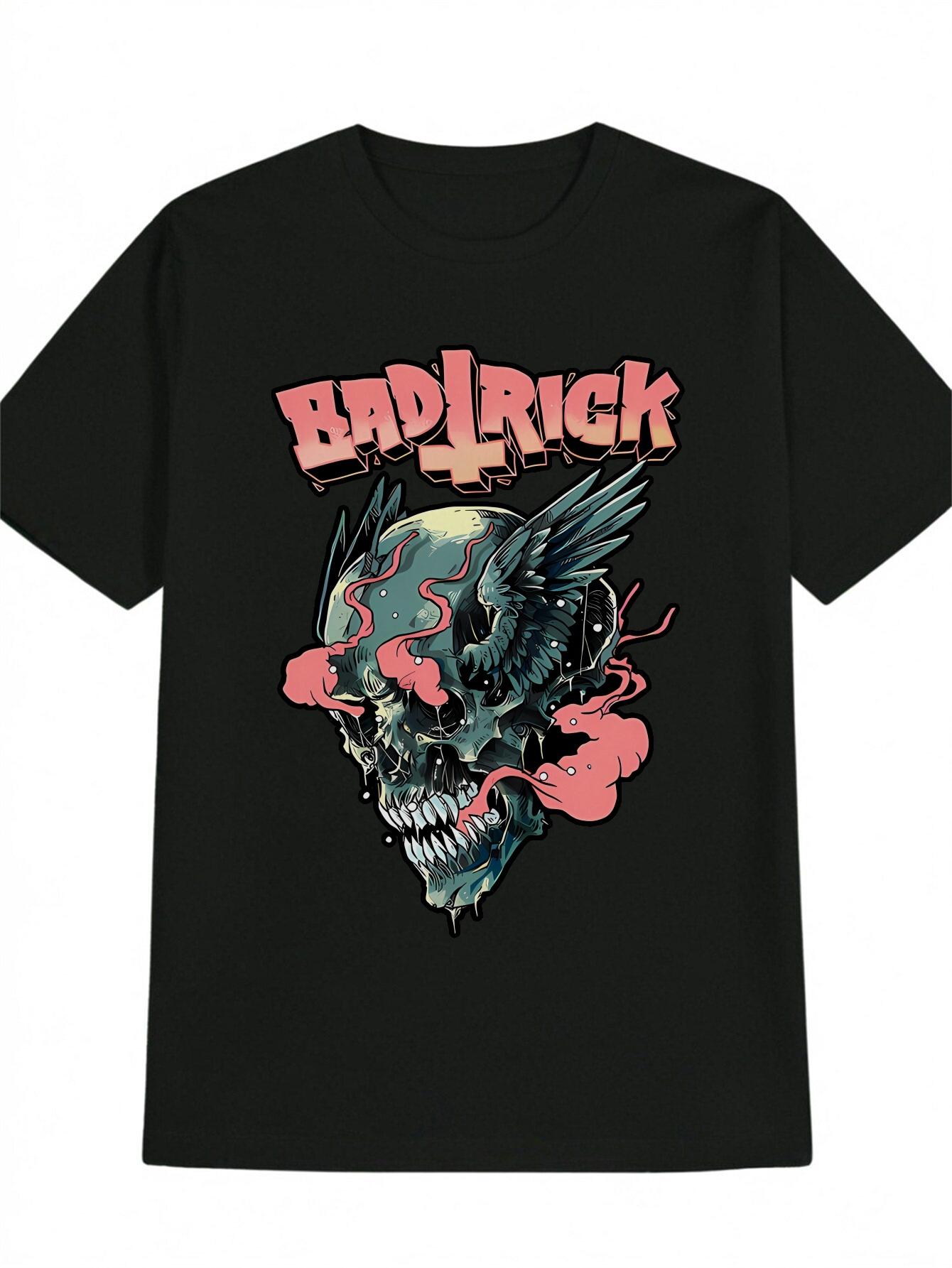 

Casual Skull Graphic T-shirt with Bold BAD RICK Print - Black Short Sleeve Round Neck Tee XXXL