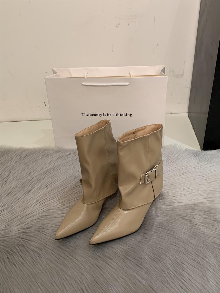 Pointed toe heel trouser boots women's autumn and winter new design sense versatile niche Spice Girl medium boots fried street short boots