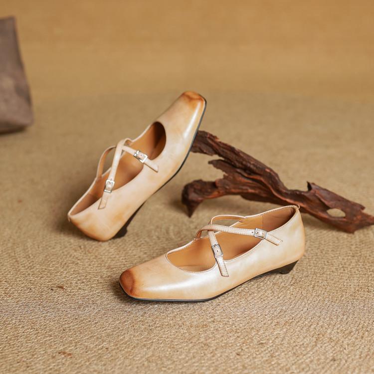 

French retro texture full of washed cowhide cross belt Mary Jane 2025 small wedge heel low heel leather single shoes women 40
