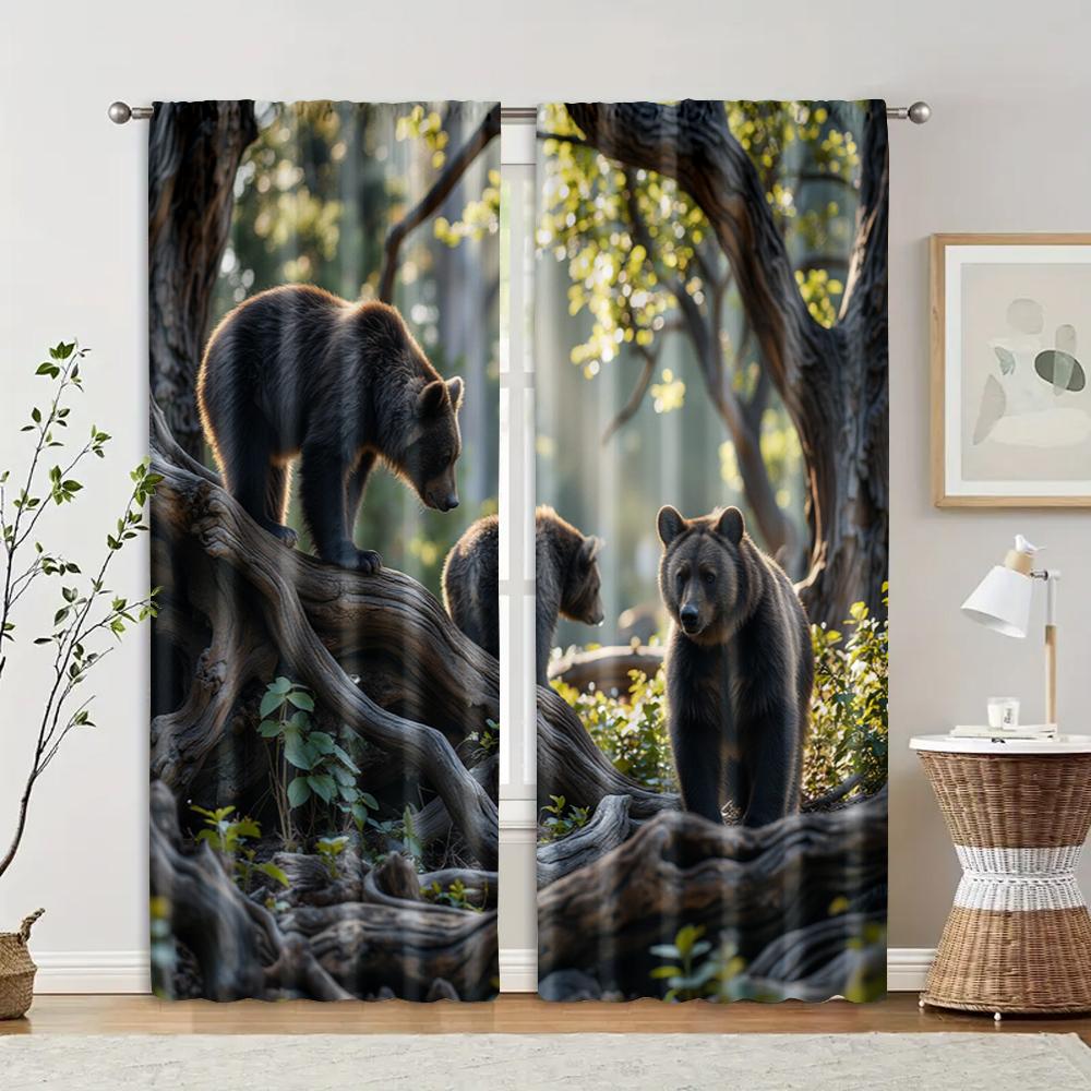 

2 pcs, filtering curtains (excluding rods, non-movable, without batteries) Bears Play In Forest for use in bedrooms and living 29x65in(75x166cm)