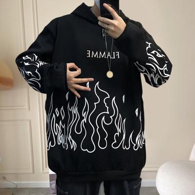 Erkek Sonbahar Kapüşonlu Alev Baskılı Kapüşonlu Şapka Uzun Kollu Yumuşak Sıcak Bol Hip Hop Tarzı Kışlık Okul İçin Kapüşonlu