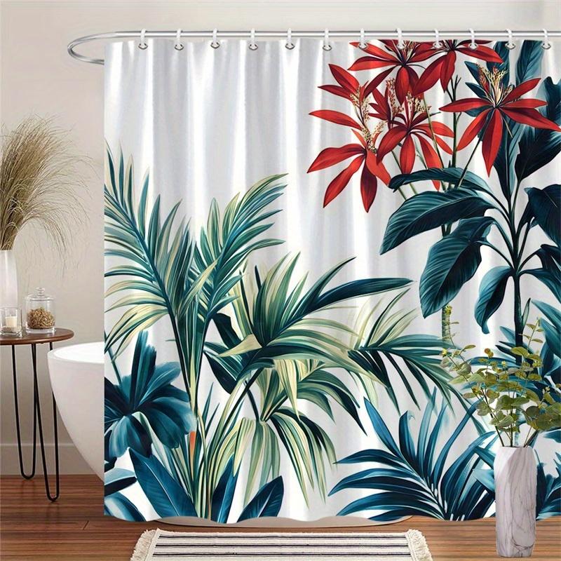 

1 Oversized Tropical Shower Curtain - With Realistic Red Flowers, Palm Leaves - Machine Washable Polyester With Hooks W60H190(CM)-1 Pcs