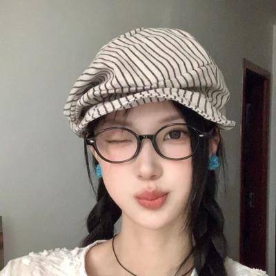 Thin Octagonal Hat Cotton and Linen Painter Caps Casual Striped Berets  Girl
