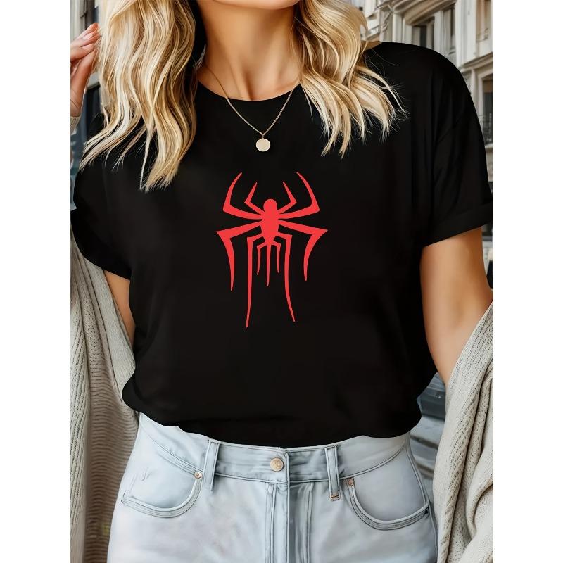 

Women S Casual Black Short-Sleeve T-Shirt Featuring a Red Spider Pattern, Designed for a Trendy Street Style That Flatters The Figure And Is Versatile S чёрный