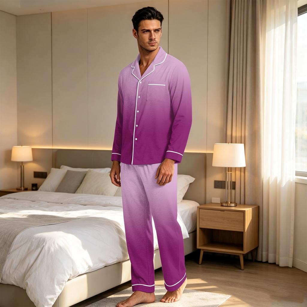 Men's Gradient Print Pajama Set: Loose Fit Lapel Cardigan & Straight Leg Pants - 2 Piece Sleepwear