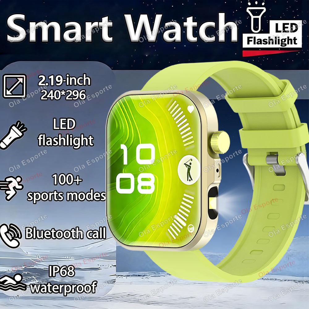

New LED Flashlight Smart Watch Men Outdoor Sport Fitness Tracker Health Monitor 2.01 Bluetooth Call Information Push Smartwatch зелений