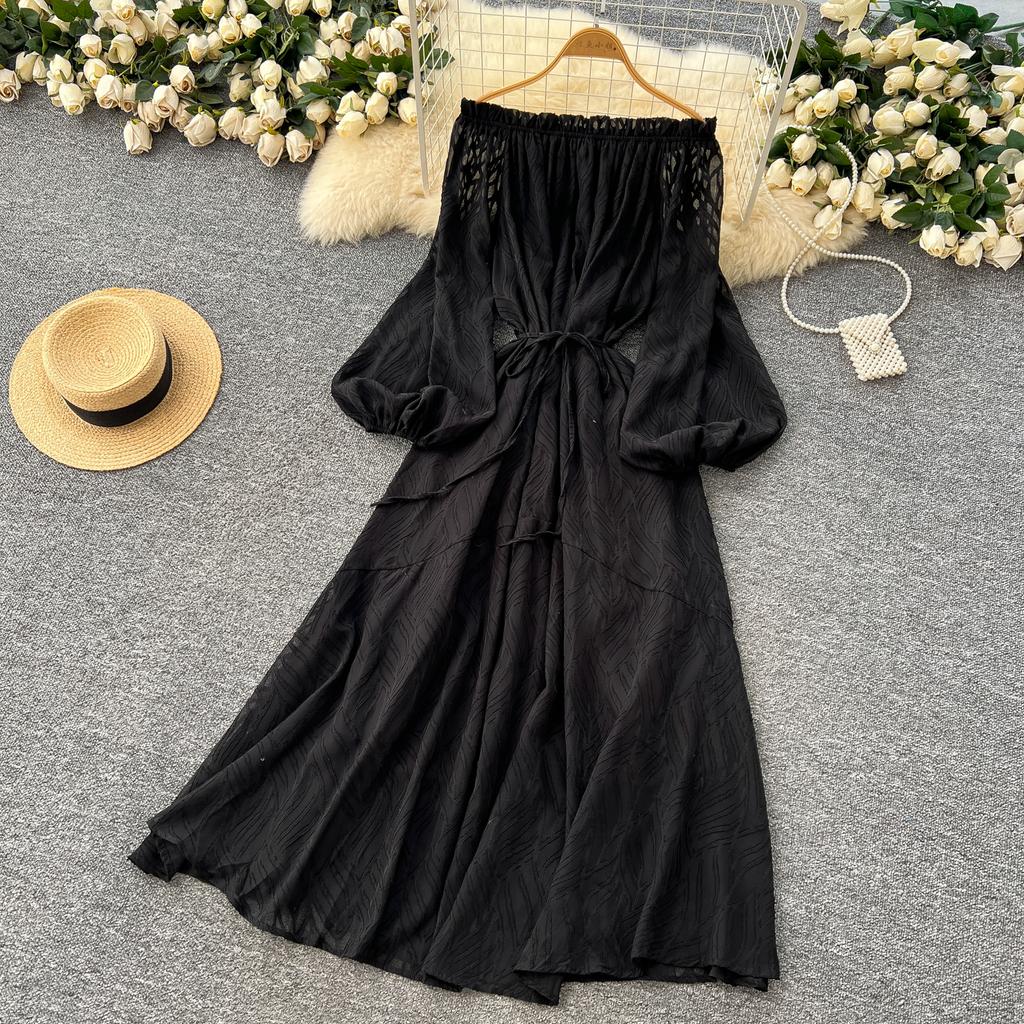 Off Shoulder Temperament Lantern Sleeve Waist Cinched Dress for Women 2025 New Style Big Swing Vacation Dress