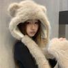 Women's Autumn Winter Bear Ear Hat Scarf Glove Integrated Cold Resistant Warm Plush Hat Neck Warmer Gloves