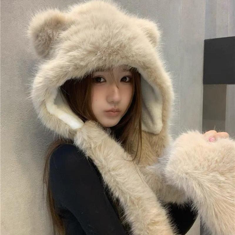 Women's Autumn Winter Bear Ear Hat Scarf Glove Integrated Cold Resistant Warm Plush Hat Neck Warmer Gloves